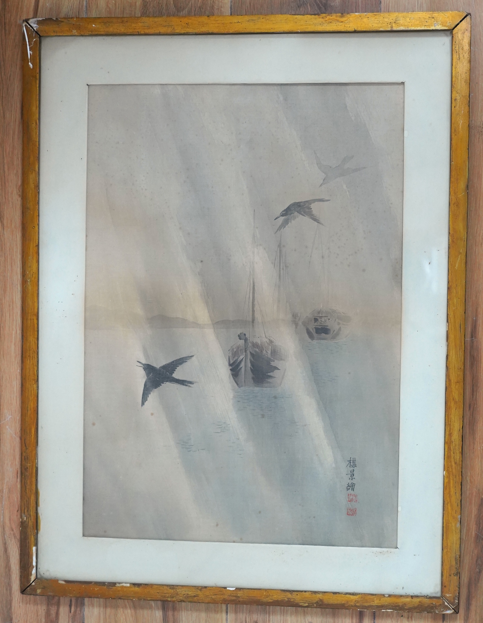 Chinese School, watercolour on silk, Birds flying above boats, 48 x 33cm